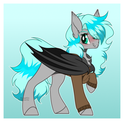 Size: 1734x1712 | Tagged: safe, artist:krypticquartz, derpibooru import, oc, bat pony, pony, clothes, female, gradient background, mare, solo, sweater