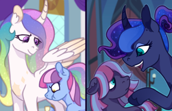 Size: 3500x2264 | Tagged: safe, artist:computerstickman, derpibooru import, princess celestia, princess luna, oc, oc:sleepy hollow, oc:star swirl, earth pony, pony, female, filly, foal, magical lesbian spawn, offspring, parent:pinkie pie, parent:twilight sparkle, parents:twinkie