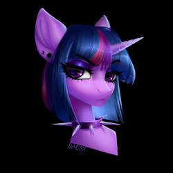 Size: 1500x1500 | Tagged: safe, artist:dacsy, derpibooru import, twilight sparkle, pony, unicorn, black background, collar, ear piercing, eyeshadow, looking at you, piercing, simple background, solo, spiked collar