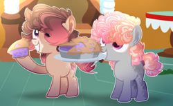 Size: 900x554 | Tagged: safe, artist:magicallightsentryyt, derpibooru import, oc, oc only, oc:cherry crumble, oc:cinnamon swirl, pony, base used, colt, food, male, offspring, parent:cheese sandwich, parent:pinkie pie, parents:cheesepie, pie