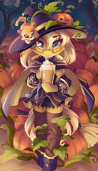 Size: 2352x4096 | Tagged: safe, artist:saxopi, derpibooru import, oc, oc only, oc:coffee creme, cat, semi-anthro, boots, cape, clothes, commission, detached sleeves, drink, glasses, halloween, hat, holiday, pumpkin, shoes, skirt, solo, stockings, thigh highs, witch hat, ych result