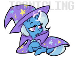 Size: 1024x788 | Tagged: safe, derpibooru import, trixie, pony, unicorn, magic, raised hoof, raised leg, simple background, sitting, solo, watermark