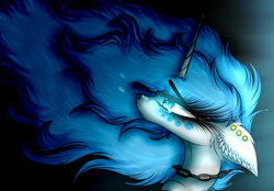 Size: 2302x1600 | Tagged: safe, artist:beamybutt, derpibooru import, oc, oc only, oc:moonbeam, pony, unicorn, bust, ear fluff, ear piercing, ears, eyelashes, glowing, glowing eyes, horn, piercing, solo, unicorn oc