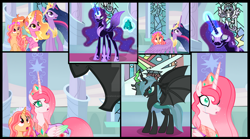 Size: 1280x713 | Tagged: safe, artist:dawnheartyt, derpibooru import, luster dawn, princess twilight 2.0, twilight sparkle, twilight sparkle (alicorn), oc, alicorn, bat pony, bat pony alicorn, pony, the last problem, alicorn oc, alicornified, base used, bat wings, bell, comic, ethereal mane, female, glowing, glowing horn, grogar's bell, helmet, hoof shoes, horn, indoors, jewelry, magic, mare, nightmarified, older, older twilight, peytral, race swap, starry mane, telekinesis, tiara, wide eyes, wings