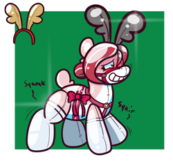 Size: 2094x1956 | Tagged: safe, artist:tranzmuteproductions, derpibooru import, oc, oc only, deer, pony, reindeer, antlers, blushing, bow, bridle, forced smile, green background, grin, harness, inanimate tf, inflatable, latex, living inflatable, reindeerified, simple background, smiling, species swap, squeak, sweat, sweatdrops, tack, transformation, wobbling
