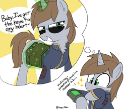 Size: 2461x2133 | Tagged: safe, artist:icey, derpibooru import, oc, oc only, oc:littlepip, pony, unicorn, fallout equestria, dialogue, lockpick, pickup lines, pipbuck, simple background, solo, thought bubble, white background