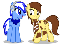 Size: 4000x2850 | Tagged: safe, artist:strategypony, derpibooru import, oc, oc only, oc:sandy sweet, oc:sirius, earth pony, pegasus, pony, clothes, duo, duo female, earmuffs, female, looking at each other, mottled coat, scarf, simple background, striped scarf, tail, transparent background, two toned mane, two toned tail