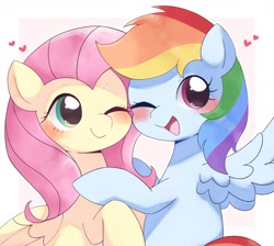 Size: 1866x1669 | Tagged: safe, artist:ginmaruxx, derpibooru import, fluttershy, rainbow dash, pegasus, pony, blushing, bust, cute, dashabetes, duo, female, flutterdash, folded wings, heart, hug, lesbian, looking at you, mare, one eye closed, open mouth, open smile, shipping, shyabetes, simple background, smiling, spread wings, white background, wings