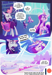 Size: 3541x5016 | Tagged: safe, artist:adreamera, artist:lummh, derpibooru import, chancellor neighsay, princess cadance, alicorn, pony, unicorn, comic:the princess of love, advertisement, book, canterlot, canterlot castle, equestria, library, magic, mountain, scenery, train, window