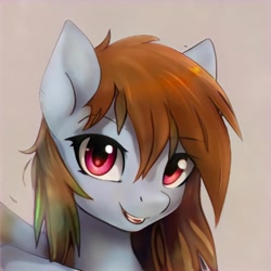 Size: 1024x1024 | Tagged: safe, artist:thisponydoesnotexist, derpibooru import, pegasus, pony, beige background, eyebrows, eyebrows visible through hair, looking at you, neural network, open mouth, simple background