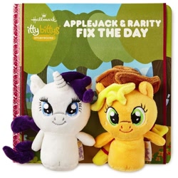 Size: 720x720 | Tagged: safe, artist:john sprengelmeyer, derpibooru import, applejack, rarity, earth pony, pony, unicorn, applejack and rarity fix the day, book, hallmark, merchandise, no legs, official, plushie, storybook, toy