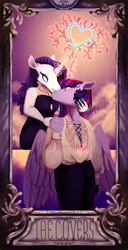 Size: 1024x2002 | Tagged: safe, artist:laps-sp, derpibooru import, rarity, twilight sparkle, anthro, clothes, female, hoers, kissing, lesbian, magic, major arcana, rarilight, shipping, tarot card