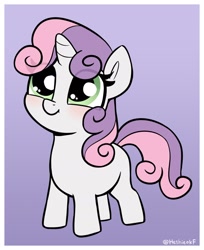 Size: 1158x1422 | Tagged: safe, artist:heretichesh, derpibooru import, sweetie belle, pony, unicorn, blank flank, blushing, cute, diasweetes, eye clipping through hair, gradient background, smiling, solo