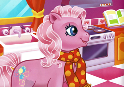 Size: 2162x1526 | Tagged: safe, artist:carlo loraso, derpibooru import, pinkie pie (g3), earth pony, pony, g3, book:holiday talent show, christmas, clothes, cropped, holiday, kitchen, official, scan, scarf, solo