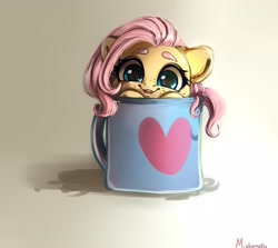 Size: 3376x3008 | Tagged: safe, artist:miokomata, derpibooru import, fluttershy, pegasus, pony, coffee mug, cup, cup of pony, cute, daaaaaaaaaaaw, female, freckles, freckleshy, looking at you, mare, micro, mug, open mouth, shyabetes, smiling, smiling at you, smol