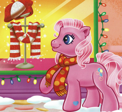 Size: 1777x1630 | Tagged: safe, artist:carlo loraso, derpibooru import, pinkie pie (g3), earth pony, pony, g3, book:holiday talent show, christmas, clothes, cropped, hat, holiday, official, scan, scarf, solo, winter