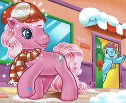 Size: 2020x1660 | Tagged: safe, artist:carlo loraso, derpibooru import, pinkie pie (g3), rainbow dash (g3), earth pony, pony, g3, bipedal, book:holiday talent show, christmas, clothes, cropped, duo, hat, holiday, official, scan, scarf, snow, striped scarf, winter