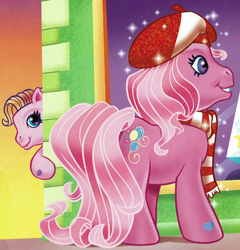 Size: 1390x1447 | Tagged: safe, artist:carlo loraso, derpibooru import, pinkie pie (g3), toola roola, earth pony, pony, g3, book:holiday talent show, clothes, cropped, duo, hat, holiday, official, peeking, scan, scarf, striped scarf, window