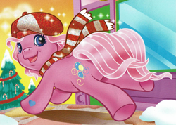 Size: 1615x1150 | Tagged: safe, artist:carlo loraso, derpibooru import, pinkie pie (g3), earth pony, pony, g3, book:holiday talent show, christmas, christmas tree, clothes, cropped, from behind, hat, holiday, official, running, scan, scarf, snow, striped scarf, tree, winter