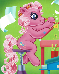 Size: 1483x1846 | Tagged: safe, artist:carlo loraso, derpibooru import, pinkie pie (g3), earth pony, pony, g3, book:holiday talent show, cropped, desk, official, pencil, scan, sitting, solo, stool