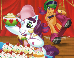 Size: 1843x1450 | Tagged: safe, artist:carlo loraso, derpibooru import, scootaloo (g3), sweetie belle (g3), earth pony, pony, unicorn, g3, apron, batter, bipedal, book:holiday talent show, cake batter, chef's hat, clothes, cropped, cupcake, curtains, duo, food, hat, helmet, motorcycle, official, scan