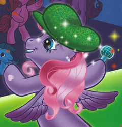 Size: 1438x1495 | Tagged: safe, artist:carlo loraso, derpibooru import, starsong, earth pony, pegasus, pony, g3, audience, bipedal, book:holiday talent show, clothes, cropped, from behind, group, hat, microphone, official, scan