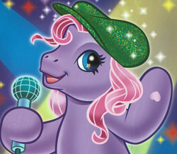 Size: 1825x1594 | Tagged: safe, artist:carlo loraso, derpibooru import, starsong, pegasus, pony, g3, bipedal, book:holiday talent show, clothes, cropped, hat, microphone, official, scan, solo