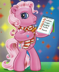 Size: 1504x1846 | Tagged: safe, artist:carlo loraso, derpibooru import, pinkie pie (g3), earth pony, pony, g3, bipedal, book:holiday talent show, clothes, cropped, notepad, official, pencil, scan, scarf, solo, stage fright, striped scarf