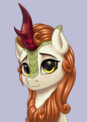 Size: 3508x4961 | Tagged: safe, artist:koshakevich, derpibooru import, autumn blaze, kirin, pony, absurd resolution, bust, female, gray background, looking at you, mare, portrait, simple background, solo, three quarter view