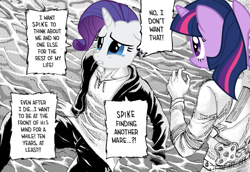 Size: 1251x859 | Tagged: safe, derpibooru import, edit, rarity, twilight sparkle, pony, unicorn, a dog and pony show, attack on titan, crying, duo, female, implied shipping, implied sparity, implied spike, implied straight, male, manga, spoilers for another series