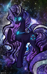 Size: 647x1000 | Tagged: safe, artist:kiriska, derpibooru import, nightmare rarity, pony, unicorn, blue eyes, collar, colored pupils, crown, ethereal mane, eyelashes, female, flowing mane, flowing tail, gem, glowing, glowing eyes, horn, jewelry, long horn, looking at you, open mouth, purple mane, purple tail, regalia, signature, smiling, solo, space, starry mane, starry tail, stars, tail