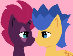 Size: 526x403 | Tagged: safe, artist:jadeharmony, artist:swaggykittycat, derpibooru import, flash sentry, tempest shadow, pegasus, pony, unicorn, base used, boop, broken horn, eye scar, female, horn, just kiss already, looking at each other, male, mare, noseboop, pink background, scar, shipping, simple background, stallion, straight, tempestsentry
