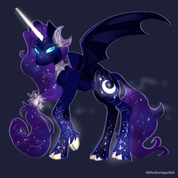 Size: 1100x1100 | Tagged: safe, artist:blueberriparfait, derpibooru import, princess luna, alicorn, bat pony, bat pony alicorn, hybrid, pony, bat wings, blue background, blue eyes, ethereal mane, female, flowing mane, flowing tail, freckles, glowing, glowing eyes, horn, long horn, looking at you, simple background, solo, spread wings, starry mane, starry tail, tail, unshorn fetlocks, wings