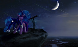 Size: 1600x960 | Tagged: safe, artist:empress-twilight, derpibooru import, princess luna, twilight sparkle, twilight sparkle (alicorn), alicorn, pony, cliff, crescent moon, female, lesbian, moon, night, river, scenery, shipping, shooting star, sky, stars, telescope, twiluna