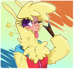Size: 2270x2105 | Tagged: safe, artist:hitsuji, derpibooru import, paprika paca, alpaca, anthro, them's fightin' herds, abstract background, blushing, clothes, female, jacket, looking at you, one eye closed, smiling, smiling at you, solo, stars, style emulation, tongue, tongue out, wink, winking at you