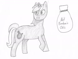Size: 2153x1635 | Tagged: safe, artist:etymologically correct filly, lyra heartstrings, pony, unicorn, :i, bag, cutie mark, l.u.l.s., looking back, looking to side, looking to the left, magic, monochrome, oats, raised hoof, raised leg, stealing, telekinesis, traditional art, walking