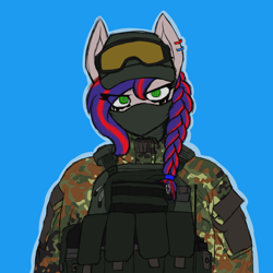 Size: 2170x2170 | Tagged: safe, artist:syntiset, oc, oc only, oc:batista, anthro, earth pony, anthro oc, anti fragmentation glasses, armor, bags, balaclava, braid, camouflage, cap, clothes, colored sketch, commission, earth pony oc, flecktarn, glasses, goggles, green eyes, looking at you, military, military uniform, multicolored hair, multicolored mane, piercing, plate carrier, simple background, sketch, solo, tactical, uniform