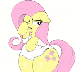 Size: 2232x2112 | Tagged: safe, artist:blitzyflair, derpibooru import, fluttershy, pegasus, pony, bipedal, clothes, ears, female, floppy ears, lidded eyes, mare, morning ponies, one eye closed, open mouth, raised hoof, raised leg, redraw, shirt, simple background, solo, white background, wide hips