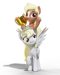Size: 2160x2700 | Tagged: safe, artist:xppp1n, derpy hooves, verity, earth pony, pegasus, 3d, blender cycles, carrot, female, jewelry, mare, miss /mlp/ 2021, simple background, smiling, tiara, transparent background, trophy, waving