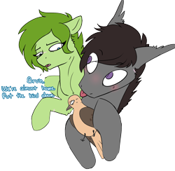 Size: 3304x3227 | Tagged: safe, artist:cold blight, derpibooru import, oc, oc only, oc:lief, oc:windwalker, bat pony, bird, dove, :p, bat pony oc, blushing, bruh, cute, dialogue, ear fluff, ears, holding, looking back, mourning dove, silly, simple background, tongue, tongue out, transparent background, windsong