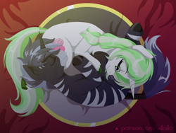 Size: 1600x1200 | Tagged: safe, artist:willoillo, derpibooru import, oc, oc:shadow strike, hybrid, pony, unicorn, zebra, zony, commission, couple, sleeping