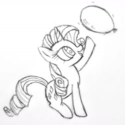 Size: 1296x1289 | Tagged: safe, anonymous artist, derpibooru import, rarity, pony, unicorn, balloon, black and white, grayscale, monochrome, sketch, solo, that pony sure does love balloons, traditional art