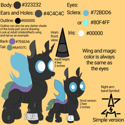 Size: 2000x2000 | Tagged: safe, artist:theunidentifiedchangeling, derpibooru import, oc, oc:[unidentified], changeling, armband, buggo, changeling oc, digital art, fangs, foal, horn, looking at you, male, reference sheet, simple background, smiling, smiling at you, solo, standing, symbol, three quarter view, wings