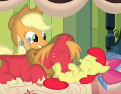 Size: 3576x2774 | Tagged: safe, artist:porygon2z, derpibooru import, apple bloom, applejack, big macintosh, earth pony, pony, bed, blank flank, female, filly, foal, lying down, male, mare, on back, pillow, raspberry, stallion, tickling, tongue, tongue out, tummy buzz