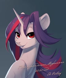 Size: 1510x1765 | Tagged: safe, artist:vistamage, derpibooru import, oc, oc only, pony, unicorn, horn, lidded eyes, looking at you, oc name needed, smiling, smiling at you, solo, unicorn oc, watermark