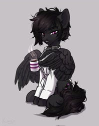 Size: 1618x2048 | Tagged: safe, artist:konejo, derpibooru import, oc, oc only, pegasus, pony, clothes, coffee, collar, looking at you, mug, shirt, simple background, sitting, solo, spread wings, unamused, wing hands, wings