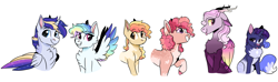 Size: 4854x1435 | Tagged: safe, artist:moccabliss, derpibooru import, oc, oc:evening moon, oc:morning glory, oc:polychrome, oc:royal blue, oc:strawberry delight, alicorn, earth pony, hybrid, pegasus, pony, female, interspecies offspring, male, mare, offspring, parent:applejack, parent:capper dapperpaws, parent:caramel, parent:cheese sandwich, parent:discord, parent:flash sentry, parent:fluttershy, parent:pinkie pie, parent:rainbow dash, parent:rarity, parent:soarin', parent:twilight sparkle, parents:capperity, parents:carajack, parents:cheesepie, parents:discoshy, parents:flashlight, parents:soarindash, simple background, stallion, white background