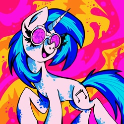 Size: 2048x2048 | Tagged: safe, artist:crypticcervine, derpibooru import, dj pon-3, vinyl scratch, pony, abstract background, raised hoof, raised leg, solo, vinyl's glasses