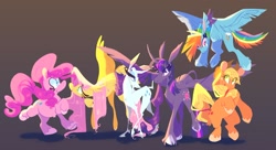 Size: 2048x1115 | Tagged: safe, artist:idefix, derpibooru import, applejack, fluttershy, pinkie pie, rainbow dash, rarity, twilight sparkle, twilight sparkle (alicorn), alicorn, classical unicorn, earth pony, pegasus, pony, unicorn, beard, cloven hooves, cutie mark, facial hair, flying, group, horn, leonine tail, mane six, simple background, smiling, spread wings, unshorn fetlocks, wings