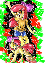 Size: 1920x2716 | Tagged: safe, artist:natanvok, derpibooru import, apple bloom, earth pony, pony, equestria girls, apple bloom's bow, boots, bow, clothes, female, filly, foal, hair bow, looking at you, shirt, shoes, shorts, smiling, traditional art